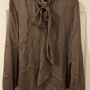 Ralph Lauren Silk Houndstooth Tie-Neck Blouse in Brown
